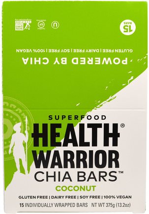 Chia Bars, Coconut, 15 Bars, 13.2 oz (375 g) by Health Warrior-Mat, Snacks, Hälsosam Snacks, Kosttillskott, Näringsrika Barer