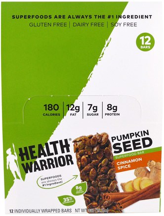 Pumpkin Seed Superfood Bar, Cinnamon Spice, 12 Bars, 1.27 oz (36 g) Each by Health Warrior-Mat, Snacks, Hälsosam Snacks, Kosttillskott, Näringsrika Barer