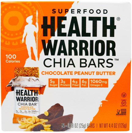 Superfood Chia Bars, Chocolate Peanut Butter, 5 Bars, 0.88 oz (25 g) Each by Health Warrior-Mat, Snacks, Hälsosam Snacks, Kosttillskott, Näringsrika Barer