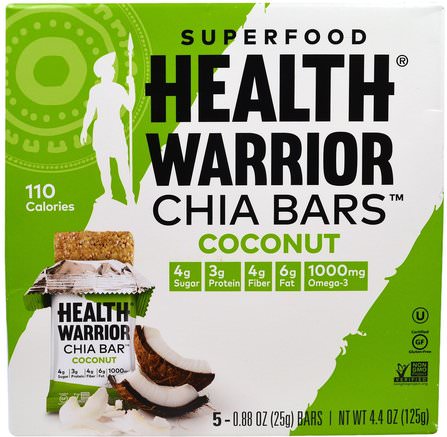 Superfood Chia Bars, Coconut, 5 Bars, 0.88 oz (25 g) by Health Warrior-Mat, Snacks, Hälsosam Snacks, Kosttillskott, Näringsrika Barer