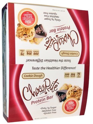 ChocoRite, Cookie Dough, Protein Bar, 12 Bars, 2.26 oz (64 g) Each by HealthSmart Foods-Värmekänsliga Produkter, Sport, Proteinstänger