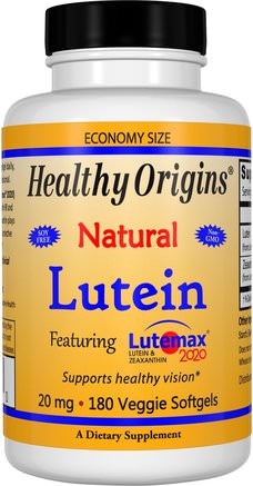 Lutein, Natural, 20 mg, 180 Veggie Softgels by Healthy Origins-Kosttillskott, Antioxidanter, Lutein