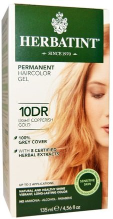 Permanent Haircolor Gel, 10DR, Light Copperish Gold, 4.56 fl oz (135 ml) by Herbatint-Sverige