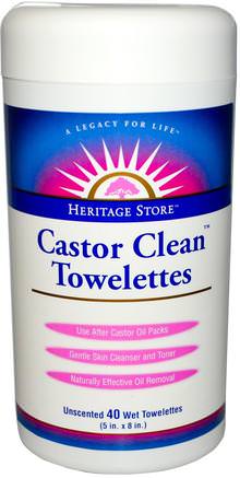 Castor Clean Towelettes, Unscented, 40 Wet Towelettes, (5 in x 8 in) Each by Heritage Stores-Hälsa, Hud, Ricinolja