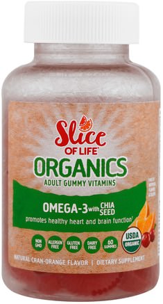 Slice of Life Organics, Adult Gummy Vitamins, Omega-3 with Chia Seed, Natural Cran-Orange, 60 Gummies by Hero Nutritional Products-Kosttillskott, Efa Omega 3 6 9 (Epa Dha)