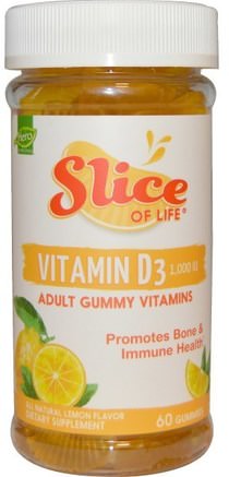 Slice of Life, Vitamin D3, Adult Gummy Vitamins, Lemon Flavor, 1000 IU, 60 Gummies by Hero Nutritional Products-Vitaminer, Vitamin D3, Vitamin D Gummier