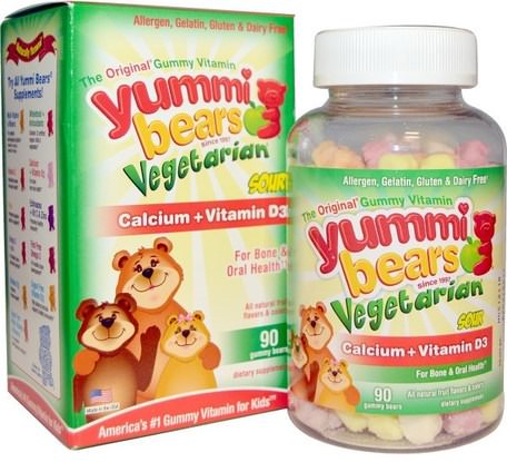 Yummi Bears, Calcium + Vitamin D3, Vegetarian, Sour, 90 Gummy Bears by Hero Nutritional Products-Kosttillskott, Mineraler, Kalcium, Tuggbara Kalcium, Barns Hälsa, Barngummier