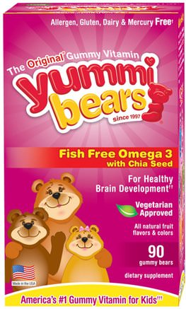 Yummi Bears, Fish Free Omega 3 with Chia Seed, All Natural Fruit Flavors, 90 Gummy Bears by Hero Nutritional Products-Barns Hälsa, Kosttillskott Barn, Efa Omega 3 6 9 (Epa Dha), Omega 369 Gummi
