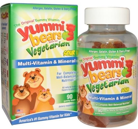 Yummi Bears, Multi-Vitamin & Mineral, Vegetarian, Sour, 90 Gummy Bears by Hero Nutritional Products-Vitaminer, Multivitaminer, Barn Multivitaminer, Multivitamingummier