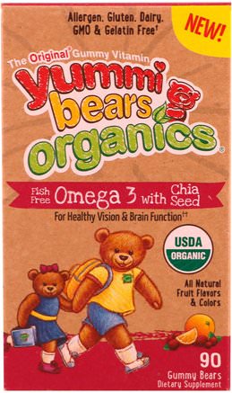 Yummi Bears Organics, Fish Free Omega 3 with Chia Seed, All Natural Fruit Flavors & Colors, 90 Gummy Bears by Hero Nutritional Products-Kosttillskott, Efa Omega 3 6 9 (Epa Dha)