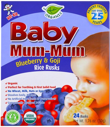 Baby Mum-Mum, Organic Rice Rusk, Blueberry & Goji Rice Rusks, 24 Rusks, 17.6 oz (50 g) Each by Hot Kid-Barns Hälsa, Babyfodring, Baby Snacks Och Fingermat, Kakor Med Barnkakor, Barnmat