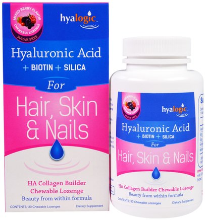 Skin & Nails, Mixed Berry Flavor, 30 Chewable Lozenges by Hyalogic Hyaluronic Acid for Hair-Skönhet, Anti-Åldrande, Hyaluronsyra
