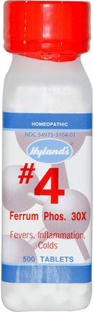 #4 Ferrum Phos. 30X, 500 Tablets by Hylands-Kosttillskott, Homeopati, Inflammation