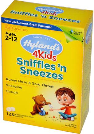 4 Kids, Sniffles n Sneezes, 125 Quick-Dissolving Tablets by Hylands-Kosttillskott, Homeopati, Kall Influensav Hosta