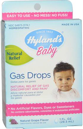 Baby, Gas Drops, Natural Grape Flavor, 1 fl oz (29.5 ml) by Hylands-Barns Hälsa, Gripe Vatten Kolik, Homeopati Smärtlindring