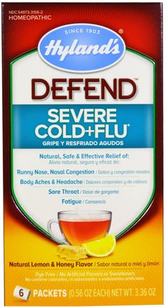 Defend, Severe Cold+Flu, Natural Lemon & Honey Flavor, 6 Packets, 0.56 oz Each by Hylands-Hälsa, Kall Influensa Och Virus, Kall Och Influensa, Kosttillskott, Homeopati Hosta Kyla Och Influensa