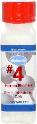 #4, Ferrum Phos, 6X, 500 Tablets by Hylands-Kosttillskott, Homeopati, Inflammation