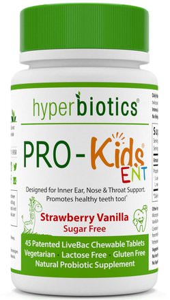 PRO-Kids ENT, Strawberry Vanilla, Sugar Free, 45 Chewable Tablets by Hyperbiotics-Barns Hälsa, Kosttillskott, Probiotika För Barn