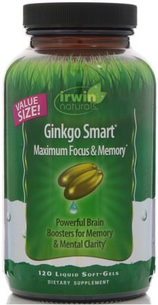 Ginkgo Smart, Maximum Focus & Memory, 120 Liquid Soft-Gels by Irwin Naturals-Hälsa, Uppmärksamhet Underskott Störning, Lägg Till, Adhd, Hjärna, Vinpocetine, Minne
