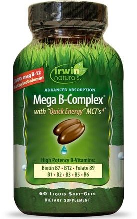 Mega B Complex, with Quick Energy MCTs, 60 Liquid Soft-Gels by Irwin Naturals-Mat, Keto Vänlig, Energi