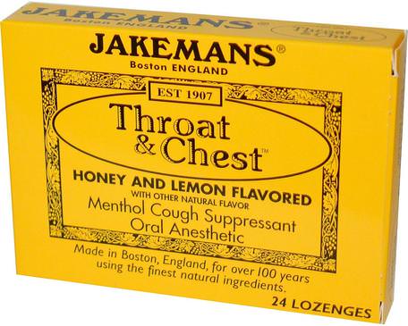 Throat & Chest, Honey and Lemon Flavored, 24 Lozenges by Jakemans-Hälsa, Kall Influensa Och Virus, Halsvårdspray, Hostdroppar