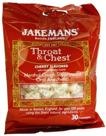 Throat & Chest, Menthol Cough Suppressant, Cherry Flavored, 30 Lozenges by Jakemans-Hälsa, Lung Och Bronkial, Hosta Droppar