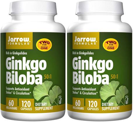 Ginkgo Biloba, 50:1, 60 mg, 2 Bottles, 120 Veggie Caps Each by Jarrow Formulas-Örter, Ginkgo Biloba, Ört