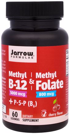 Methyl B-12 & Methyl Folate, 5000 mcg/800 mcg, Cherry Flavor, 60 Lozenges by Jarrow Formulas-Vitaminer, Vitamin B, Vitamin B12, Vitamin B12 - Metylcobalamin