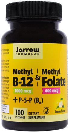 Methyl B-12 & Methyl Folate, 1.000 mcg / 400 mcg, Lemon Flavor, 100 Lozenges by Jarrow Formulas-Vitaminer, Vitamin B, Vitamin B12, Vitamin B12 - Metylcobalamin