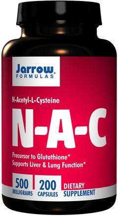 N-A-C, N-Acetyl-L-Cysteine, 500 mg, 200 Capsules by Jarrow Formulas-Kosttillskott, Aminosyror, Nac (N Acetylcystein)