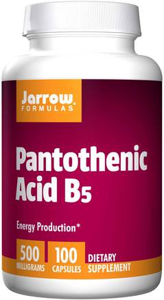 Pantothenic Acid B5, 500 mg, 100 Capsules by Jarrow Formulas-Vitaminer, Vitamin B, Vitamin B5 - Pantotensyra