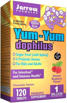 Yum-Yum Dophilus, Sugar-Free!, Natural Raspberry Flavor, 120 Chewable Tablets (Ice) by Jarrow Formulas-Kosttillskott, Probiotika, Probiotika För Barn, Iskylda Produkter