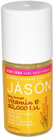 Extra Strength, Vitamin E Skin Oil, 32.000 I.U., 1 fl oz (30 ml) by Jason Natural-Hälsa, Hud, Vitamin E Oljekräm, Massageolja