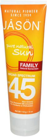 Family, Natural Sunscreen, SPF 45, 4 oz (113 g) by Jason Natural-Skönhet, Ansiktsvård, Solbränna Solskydd, Bad, Solskyddsmedel, Spf 30-45