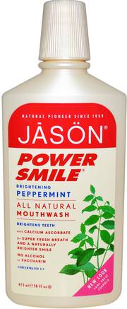 Power Smile, All Natural Mouthwash, Brightening Peppermint, 16 fl oz (473 ml) by Jason Natural-Hälsa, Muntorrhet, Muntlig Tandvård, Munvatten