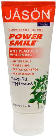 Power Smile, Antiplaque & Whitening Toothpaste, Powerful Peppermint, 3 oz (85 g) by Jason Natural-Bad, Skönhet, Tandkräm, Oral Tandvård, Tandblekning