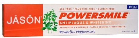 PowerSmile, Antiplaque & Whitening Toothpaste, Powerful Peppermint, 6 oz (170 g) by Jason Natural-Bad, Skönhet, Tandkräm, Oral Tandvård, Tandblekning
