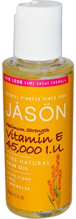 Pure Natural Skin Oil, Maximum Strength Vitamin E, 45.000 IU, 2 fl oz (59 ml) by Jason Natural-Hälsa, Hud, Vitamin E Oljekräm, Massageolja