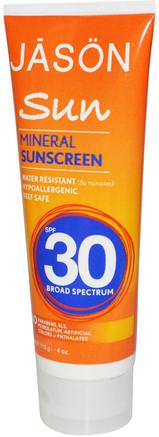Sun, Mineral Sunscreen, SPF 30, 4 oz (113 g) by Jason Natural-Skönhet, Ansiktsvård, Solbränna Solskydd, Bad, Solskyddsmedel, Spf 30-45