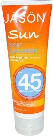 Sun, Sport Sunscreen, SPF 45, 4 oz (113 g) by Jason Natural-Skönhet, Ansiktsvård, Solbränna Solskydd, Bad, Solskyddsmedel, Spf 30-45