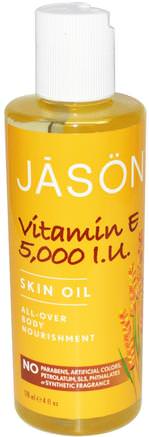 Vitamin E 5.000 I.U., Skin Oil, 4 fl oz (118 ml) by Jason Natural-Hälsa, Hud, Massageolja, Vitaminer, Vitamin E, Vitamin E-Vätska