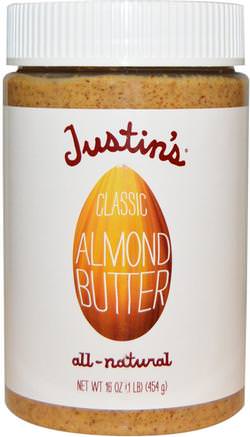 Classic Almond Butter, 16 oz (454 g) by Justins Nut Butter-Justins Nötsmör Smör, Mat, Nötkött, Mandelsmör