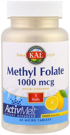 Methyl Folate, Lemon, 1000 mcg, 60 Micro Tablets by KAL-Vitaminer, Folsyra, 5-Mthf Folat (5 Metyltetrahydrofolat)