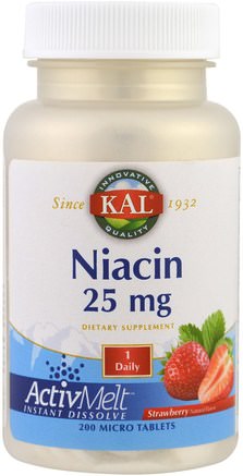 Niacin, Strawberry, 25 mg, 200 Micro Tablets by KAL-Vitaminer, Vitamin B