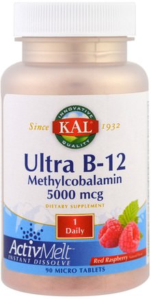 Ultra B-12 Methylcobalamin, Red Raspberry, 5000 mcg, 90 Micro Tablets by KAL-Vitaminer, Vitamin B, Vitamin B12