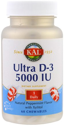 Ultra D-3, Natural Peppermint Flavor with Xylitol, 5000 IU, 60 Chewables by KAL-Vitaminer, Vitamin D3