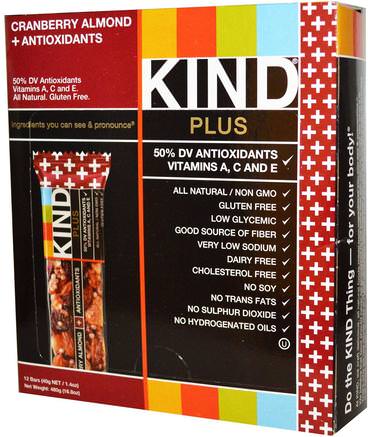 Kind Plus, Cranberry Almond + Antioxidants Bars, 12 Bars, 1.4 oz (40 g) Each by KIND Bars-Kosttillskott, Näringsrika Barer