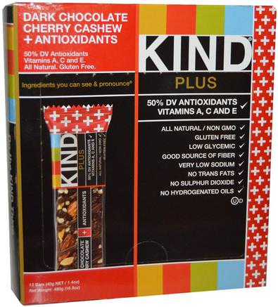 Kind Plus, Dark Chocolate Cherry Cashew + Antioxidants, 12 Bars, 1.4 oz (40 g) Each by KIND Bars-Kosttillskott, Näringsrika Barer
