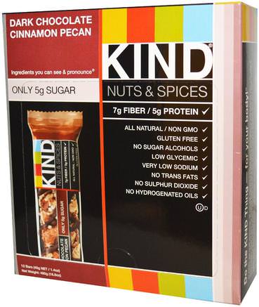 Nuts & Spices, Dark Chocolate Cinnamon Pecan, 12 Bars, 1.4 oz (40 g) by KIND Bars-Mat, Snacks, Hälsosam Snacks, Kosttillskott, Näringsrika Barer