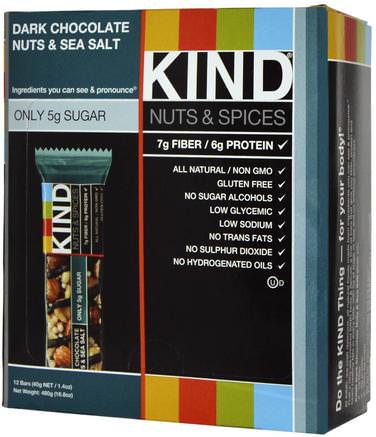 Nuts & Spices, Dark Chocolate Nuts & Sea Salt, 12 Bars, 1.4 oz (40 g) Each by KIND Bars-Kosttillskott, Näringsrika Barer
